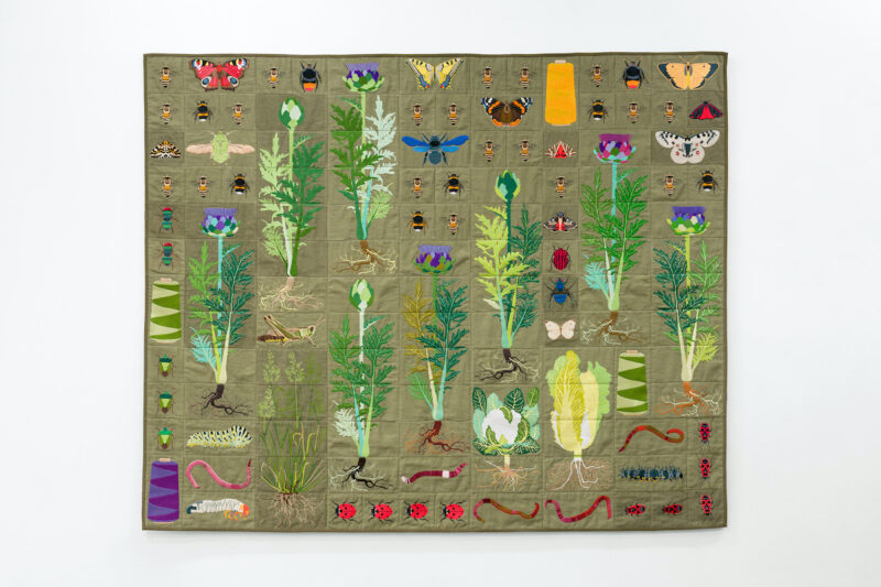Image of Embroidered quilt with artichoke plants, green stinkbugs, cockchafer beetle larvae, earthworms, swallowtail butterfly caterpillar, greenbottle fly, honey bees, bumble bees, magpie moth, cockchafer beetle, peacock butterfly, meadow fescue grass, mottled grasshopper, red-tailed bumblebee, ladybirds, carpenter bee, swallowtail butterfly, cauliflower cabbage plant, red admiral butterfly, pet-saï cabbage plant, cabbage white butterfly, bluebottle fly, striped shield bug, red crimson underwing moth, jersey tiger moth, firebugs, red admiral butterfly caterpillar, Parnassius apollo butterfly, cinnabar moth, clouded orange butterfly and bobbins by Daniel Dewar & Grégory Gicquel
