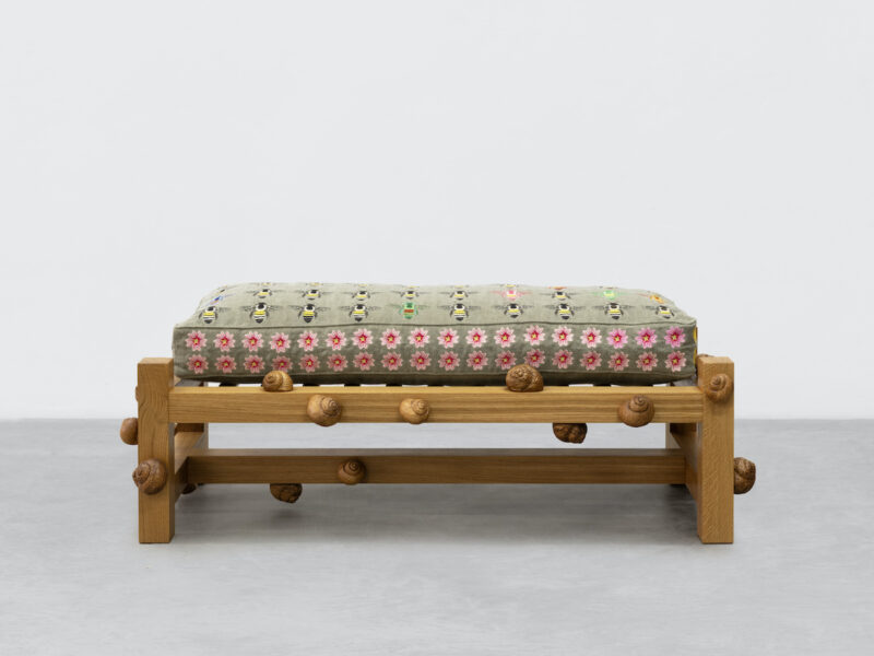 Image of Oak bench with honey bees, dandelion flowers, mallow flowers, oxeye daisy flowers and snails by Daniel Dewar & Grégory Gicquel